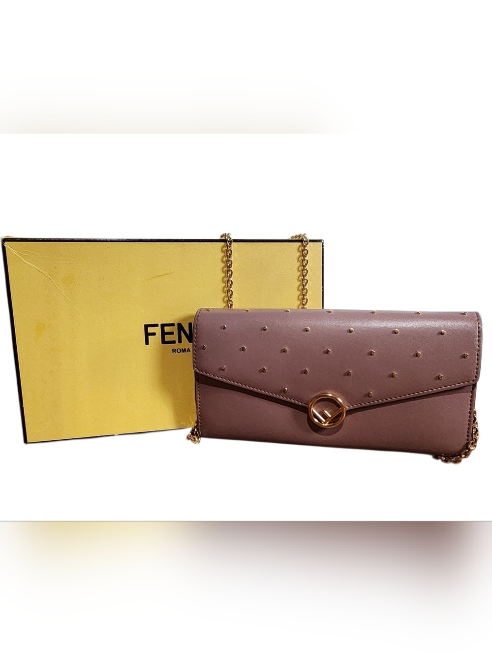 EUC Fendi  Dark Pink Studded Leather Continental Wallet On Chain 💥 GIFTABLE 💥